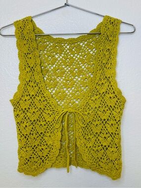 Vintage Michel Klein Paris Y2K Crochet Tie-Front Top - Yellow Size S-M